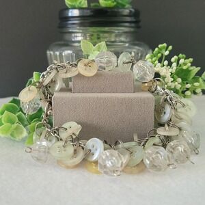 Artisan Button Charm Bracelet Clear Bead Silver Tone Assemblage 9 Inch